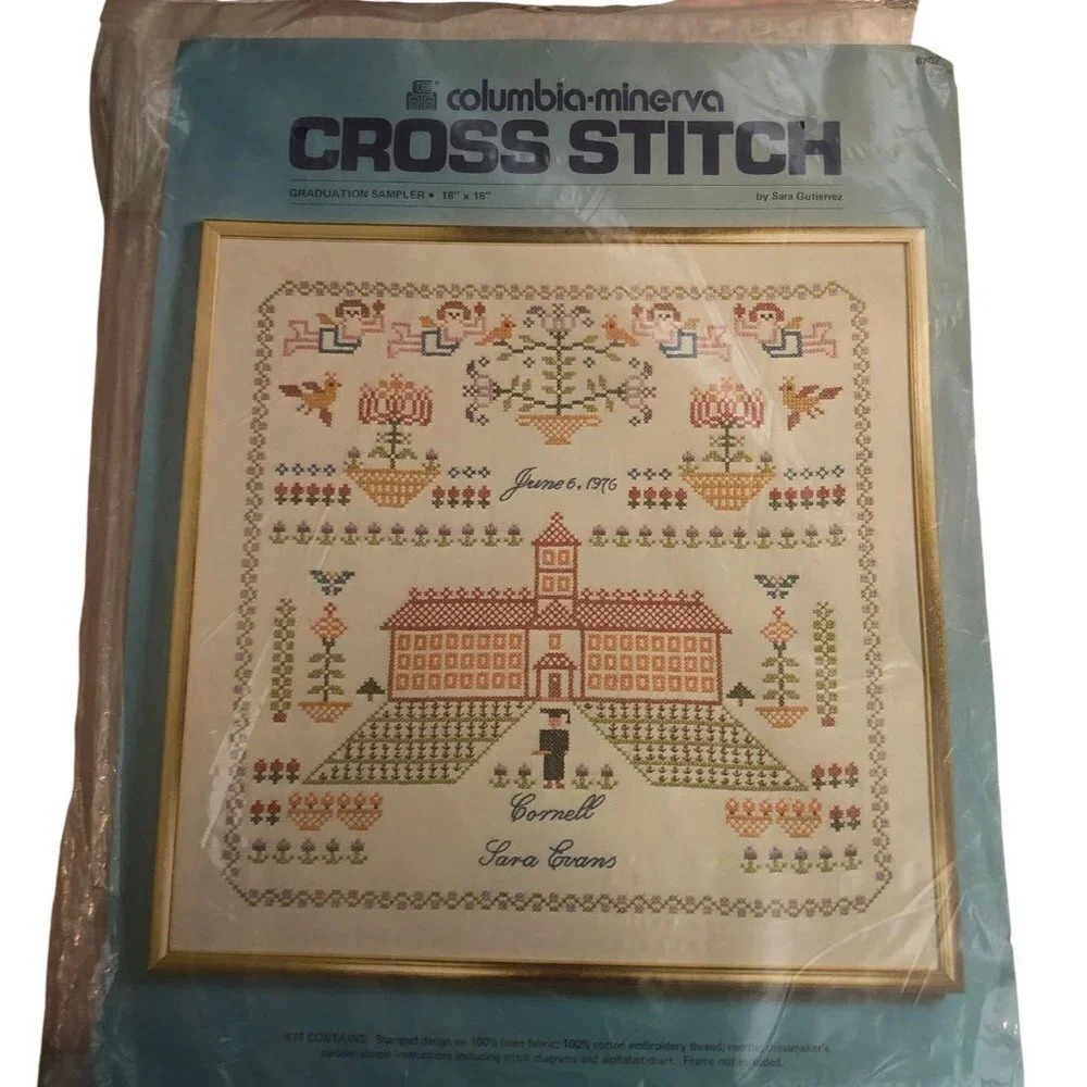 VINTAGE 1975 COLUMBIA-MINERVA "Graduation Sampler" 18" x 18" Cross Stitch Kit